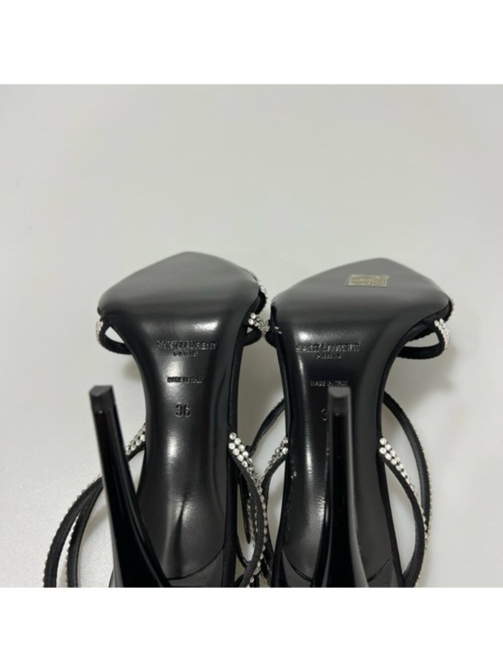 Saint Laurent Ava Sandals Crepe Satin with Rhinestones Black Silver EU 36/US 6 - Picture 5 of 9
